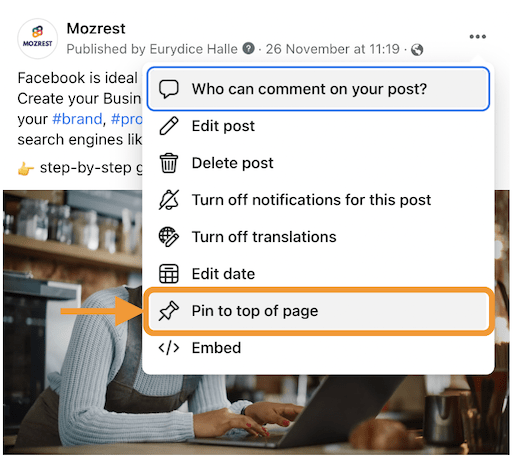 Mozrest - Get more Facebook Likes by pinning your best-performing post at the top of your page.