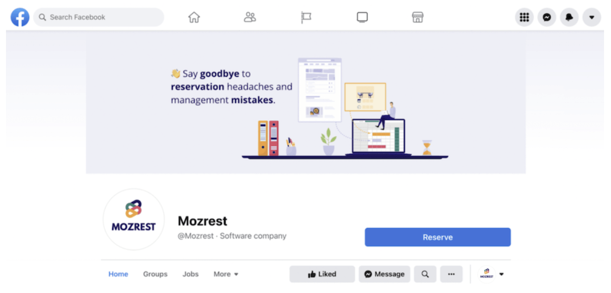 Mozrest - Paso 10 en Facebook, comprueba el aspecto de tu página de Facebook desde la perspectiva del consumidor. El botón "Reservar" aparece en la parte superior derecha de tu página, debajo de tu imagen de portada.