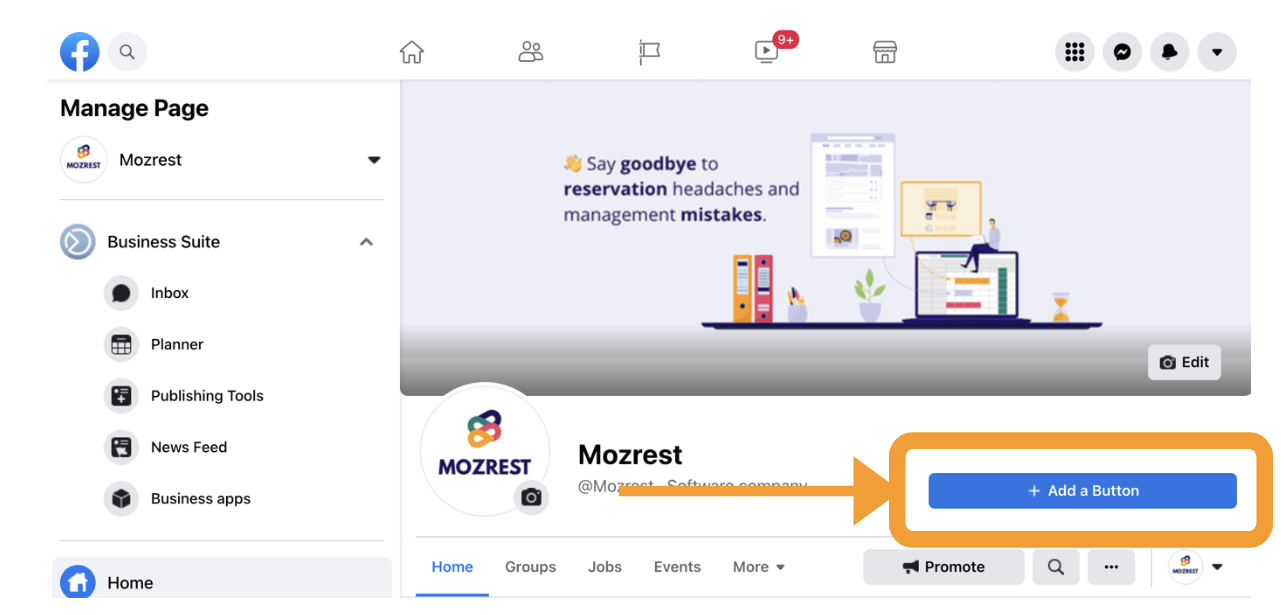 Mozrest - Paso 1 en Facebook, haz clic en "+ Añadir un botón".