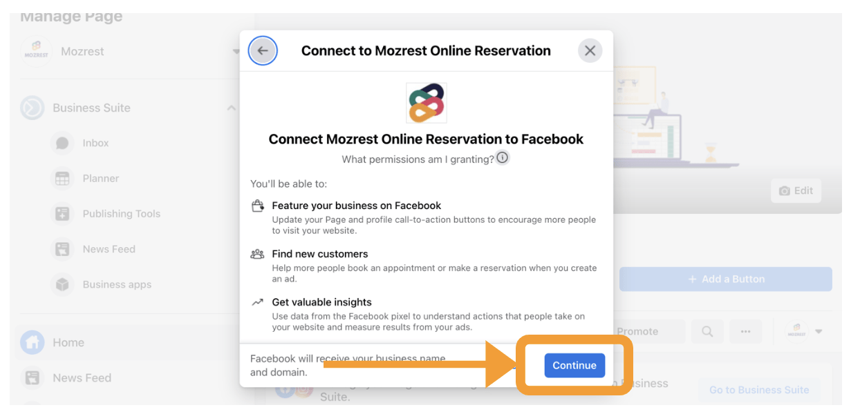 Mozrest - Step 5 on Facebook, click on “Continue”.