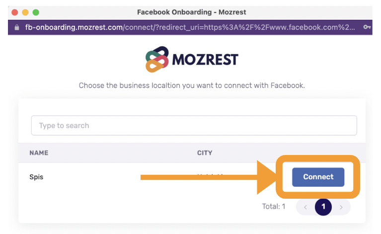 Mozrest - Paso 7 en Facebook, haz clic en "Conectar".