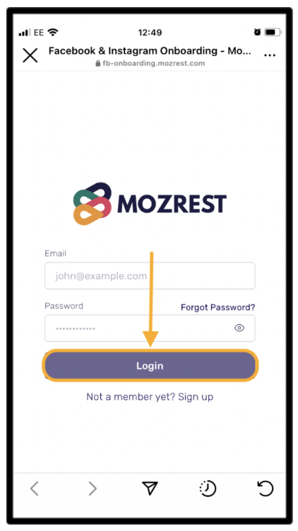 Mozrest - Añadir botón de reserva en Instagram - Paso 5 - Haz clic en el inicio de sesión