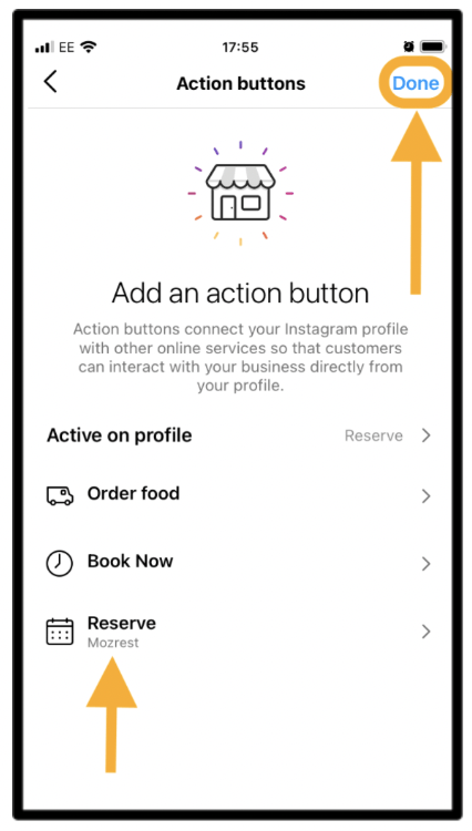 Mozrest - Add Reserve Button on Instagram - Step 8 - Click Done