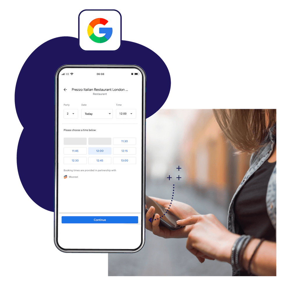 Mozrest x Google: Mozrest ayuda a los restaurantes a aumentar las reservas agregando un botón de reserva a su perfil comercial en Google.