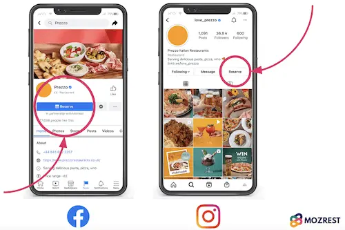 Mozrest - Restaurant's Facebook and Instagram page with a reserve button