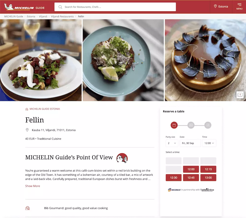 Mozrest - Screenshot of the booking widget in the MICHELIN Guide page of the restaurant Fellin