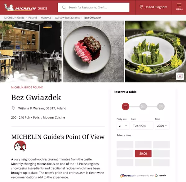 Mozrest - Screenshot of the booking widget in the MICHELIN Guide page of the restaurant Bez Gwiazdek