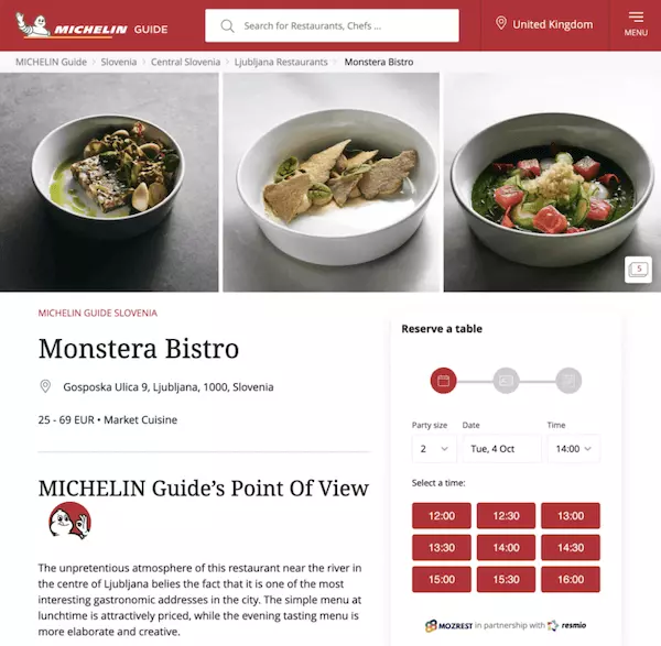 Mozrest - Screenshot of the booking widget in the MICHELIN Guide page of the restaurant Monstera Bistro