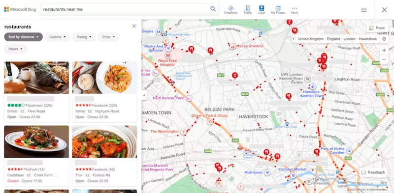 Bing - restaurant near me search results on maps