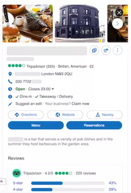 Bing - profil de restaurant à partir d'un résultat de recherche près de chez moi sur les cartes