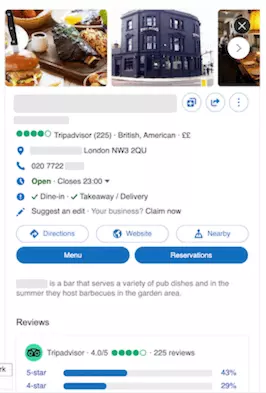 Bing: perfil de restaurante de un resultado de búsqueda cercano a mí en Maps