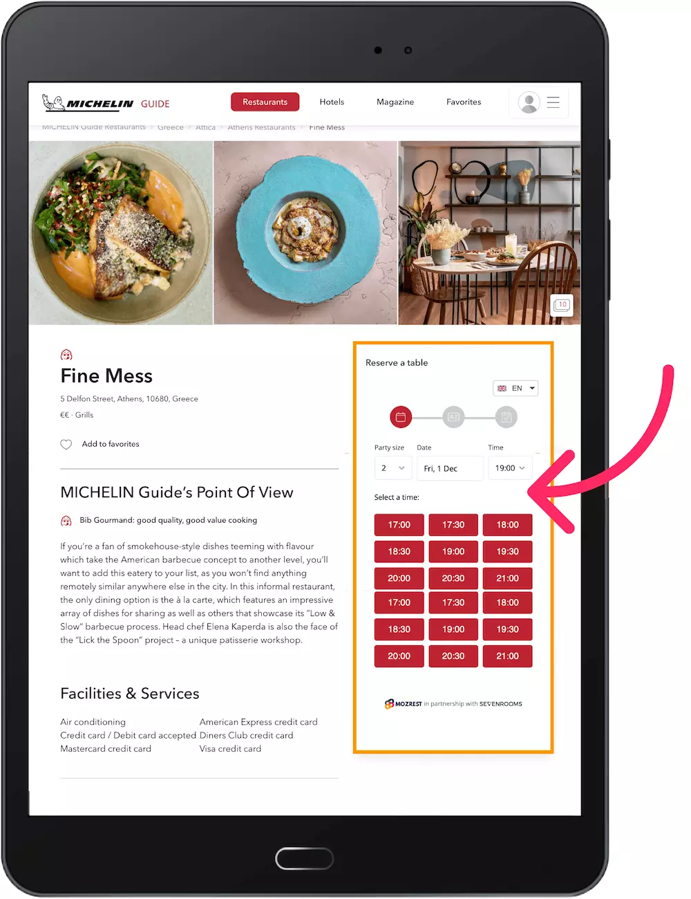 Screenshot of the Fine Mess Smokehouse's restaurant page on the MICHELIN Guide showcasing a booking widget