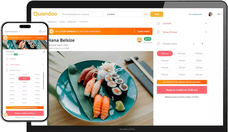 Presentation of a Japanese restaurant in London on the Quandoo app and website with detailed information, customer reviews, and booking calendar.