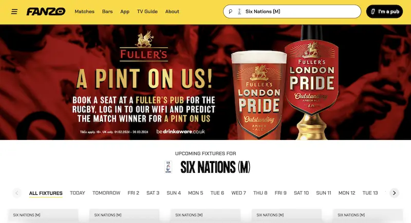Banner Ad to win a free pint in Fuller's pubs during the Six Nations Championship when booking via FANZO 