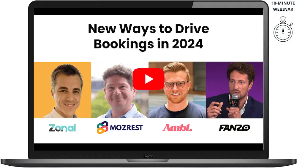 Portraits of the 4 speakers of the webinar 'How to drive bookings in 2024': Charlie Field, Account Services Director at Zonal, Jerome Pernollet, CEO of Mozrest, Aaron Solomon, CEO of Ambl, and Leo MacLehose, CEO of FANZO.