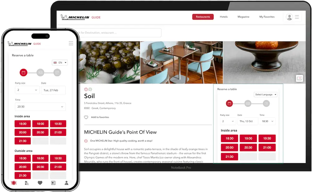 Restaurant's booking calendar powered by Mozrest on the MICHELIN Guide website displayed on a smartphone and a tablet