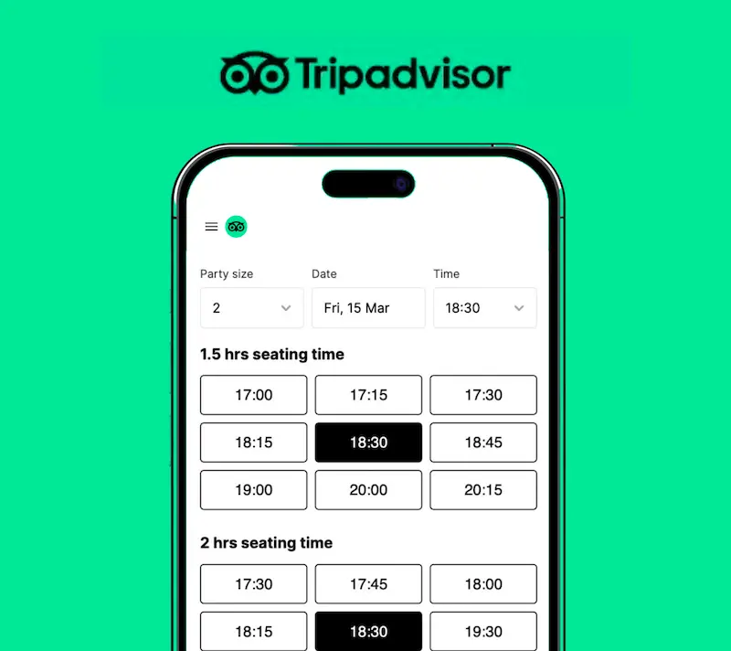 Restaurant's booking calendar powered by Mozrest displayed on Tripadvisor app