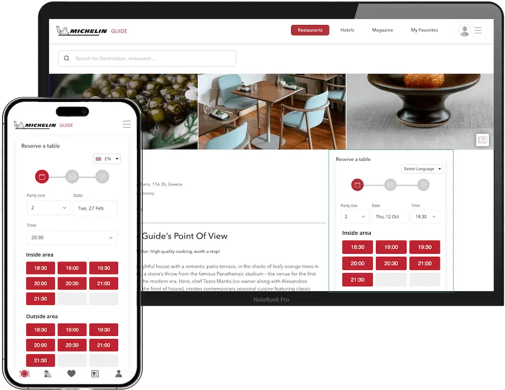 Buchungskalender des Restaurants, unterstützt von Mozrest auf der Website des MICHELIN Guides, angezeigt auf einem Smartphone und einem Tablet.