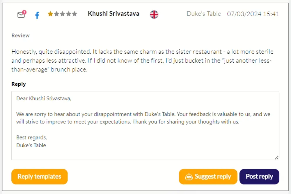 Importance of responding to restaurant reviews: Example of response generated by Mozrest's AI Reply Assistant to a negative client review