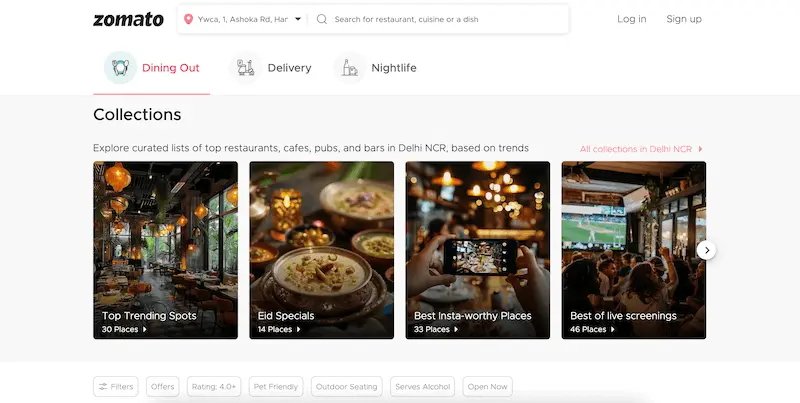 Example of restaurants bookable on Zomato with Mozrest