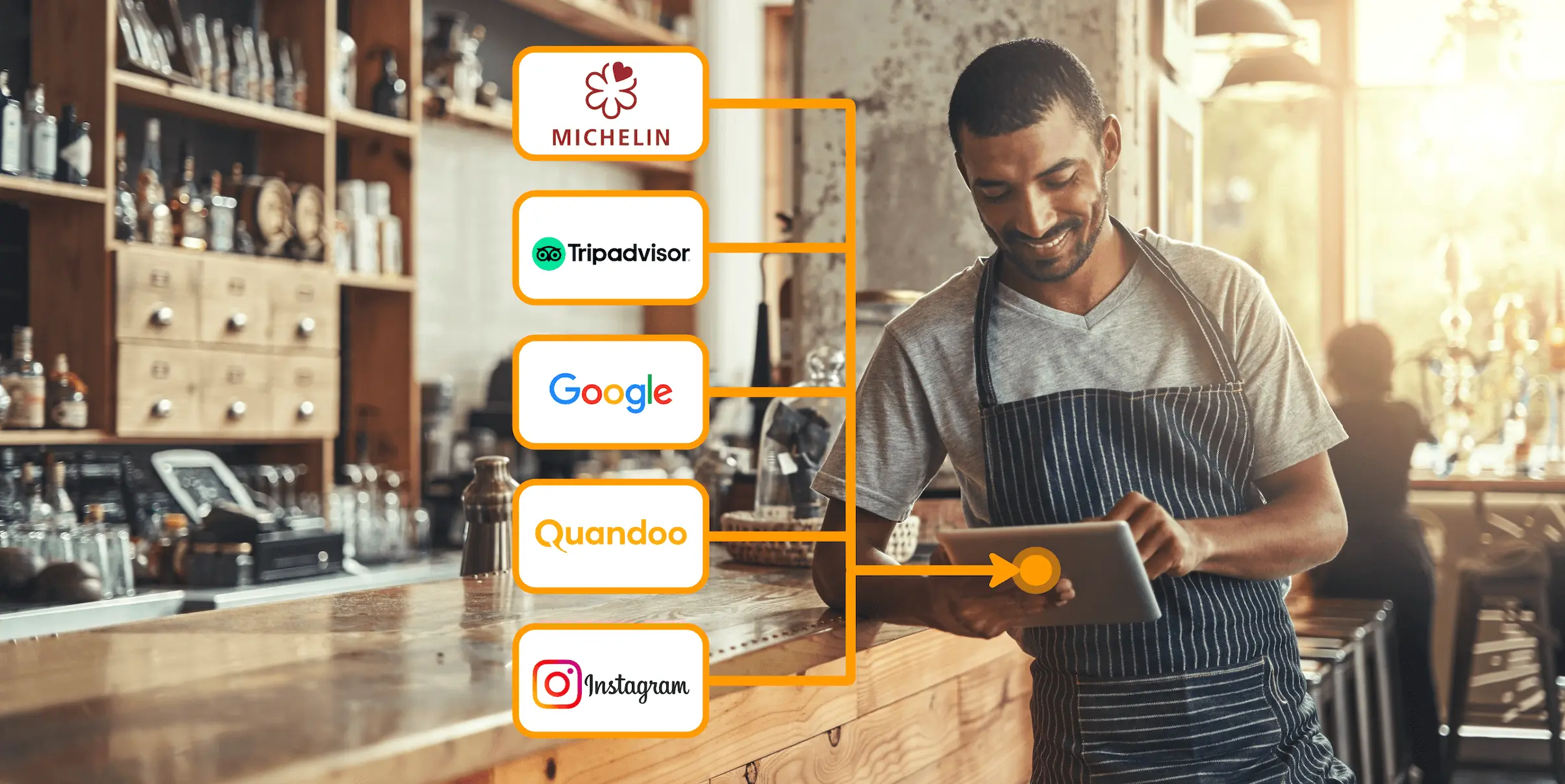 A restaurant manager is standing in his restaurant, smiling, and holding a tablet that allows him to manage bookings from the MICHELIN Guide, Tripadvisor, Google, Quandoo, Instagram, and more.