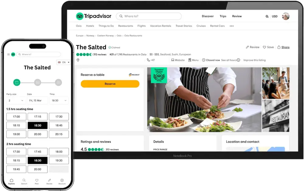 Buchungskalender des Restaurants, powered by Mozrest, auf der Tripadvisor-Website, angezeigt auf einem Smartphone und einem Tablet.