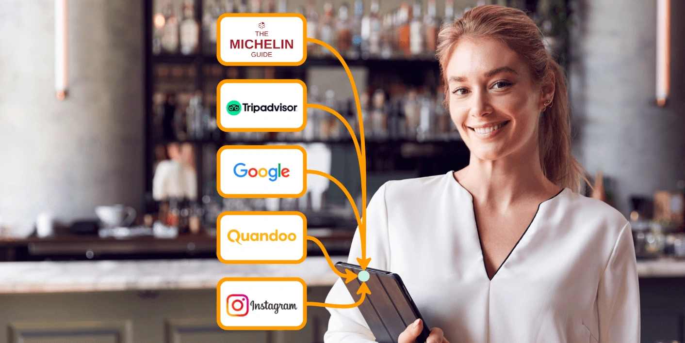 Mozrest - Lösungen für Buchungskanäle - Eine Gruppe von Freunden sitzt an einem Tisch in einem Restaurant und sucht auf ihrem Handy nach ihrem nächsten Restaurant.