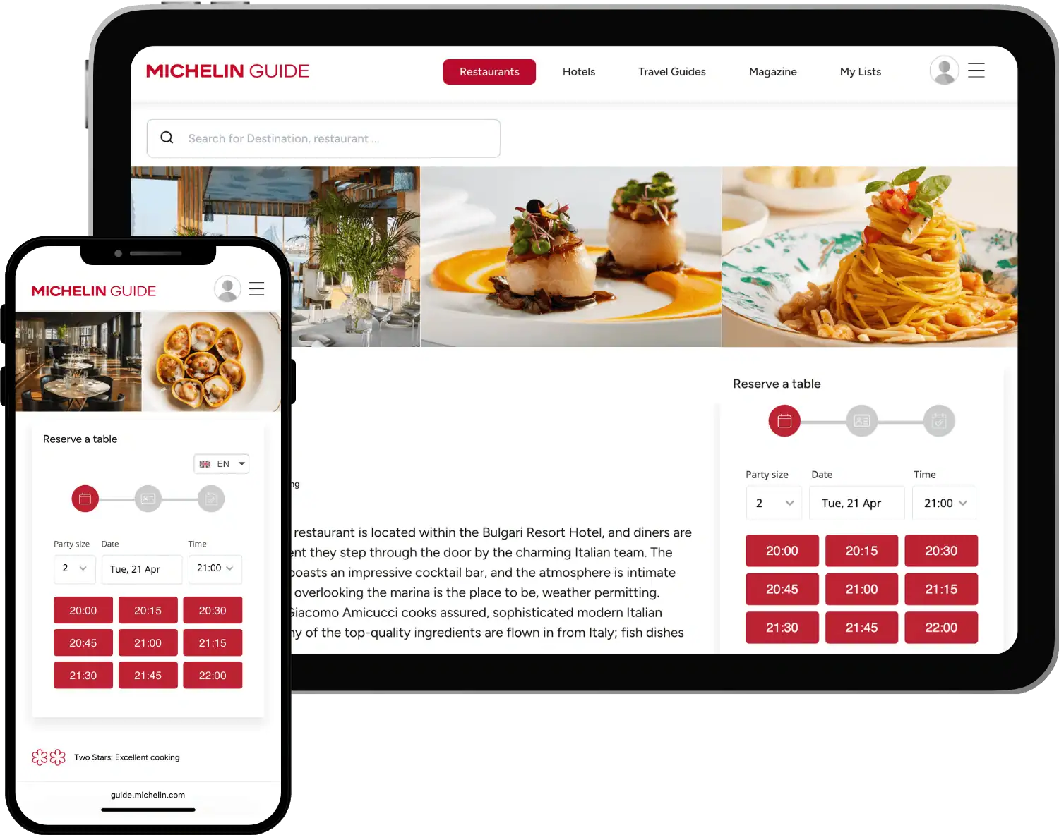 MICHELIN Guide app and website viewed from a tablet and a smartphone