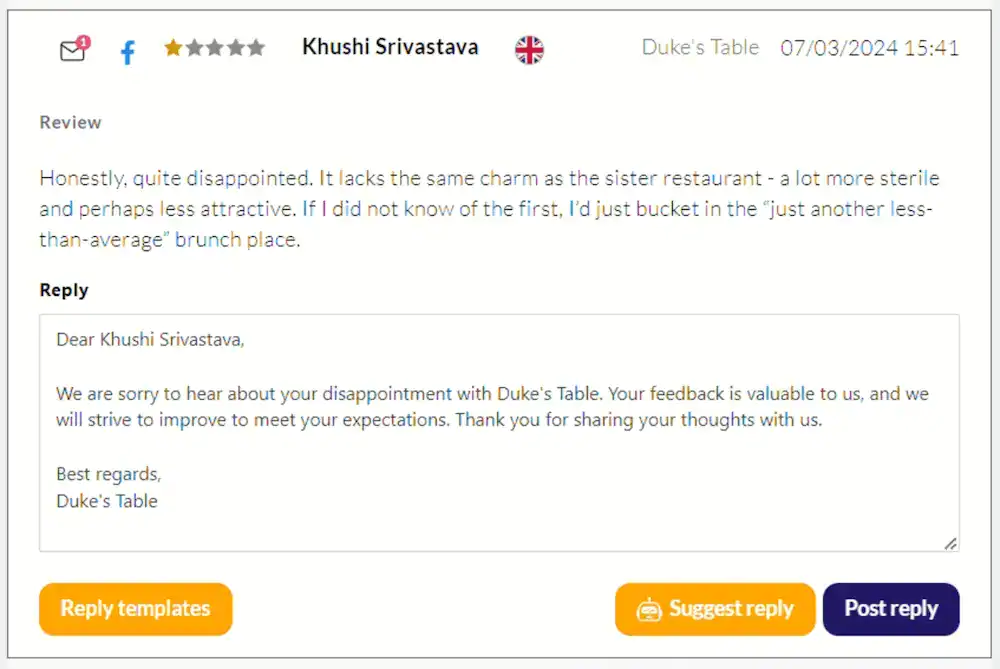 Importance of responding to restaurant reviews: Example of response generated by Mozrest's AI Reply Assistant to a negative client review